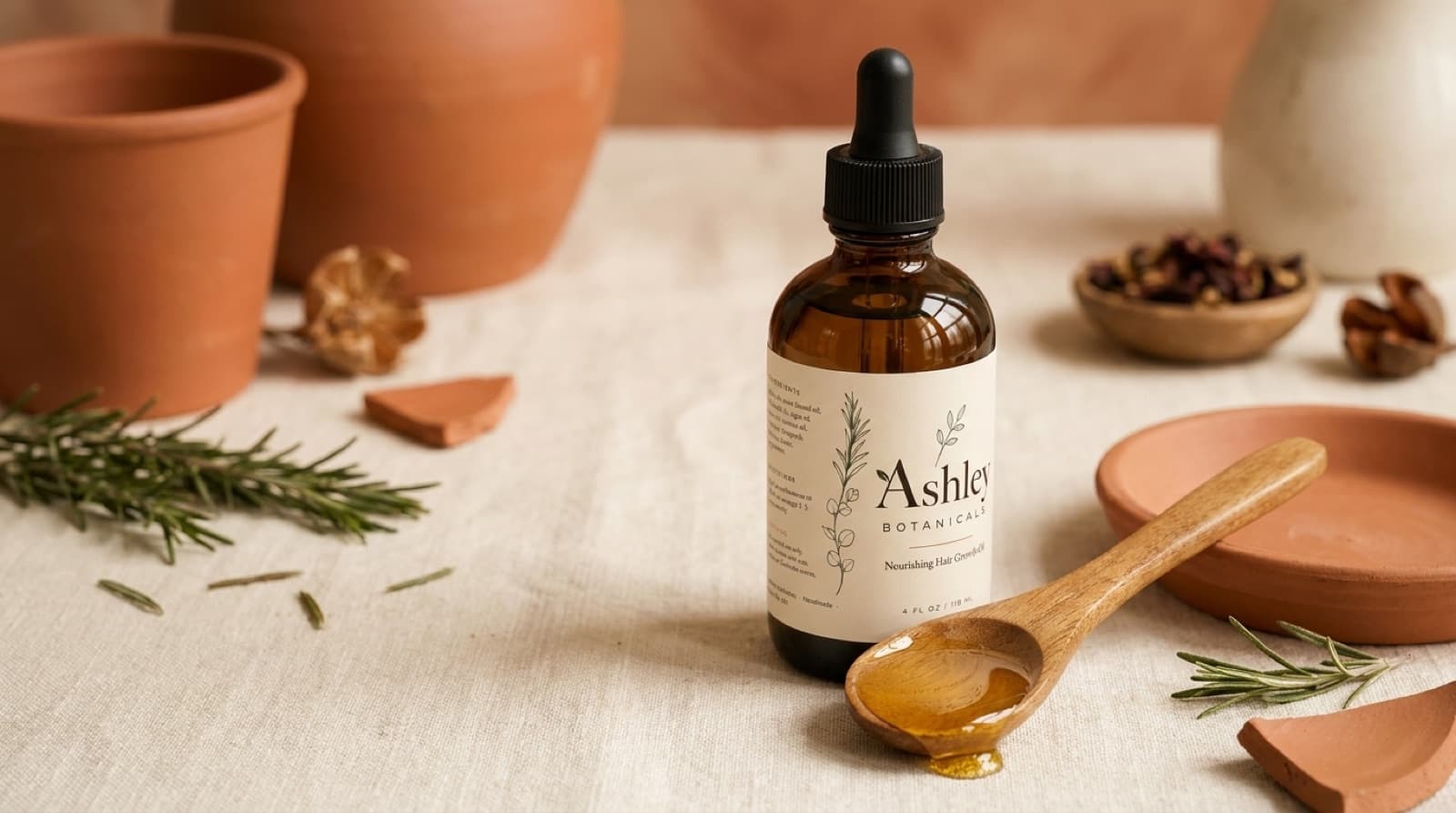 Castor oil for hair — amber Ashley Botanicals bottle with golden castor oil on a wooden spoon among botanicals