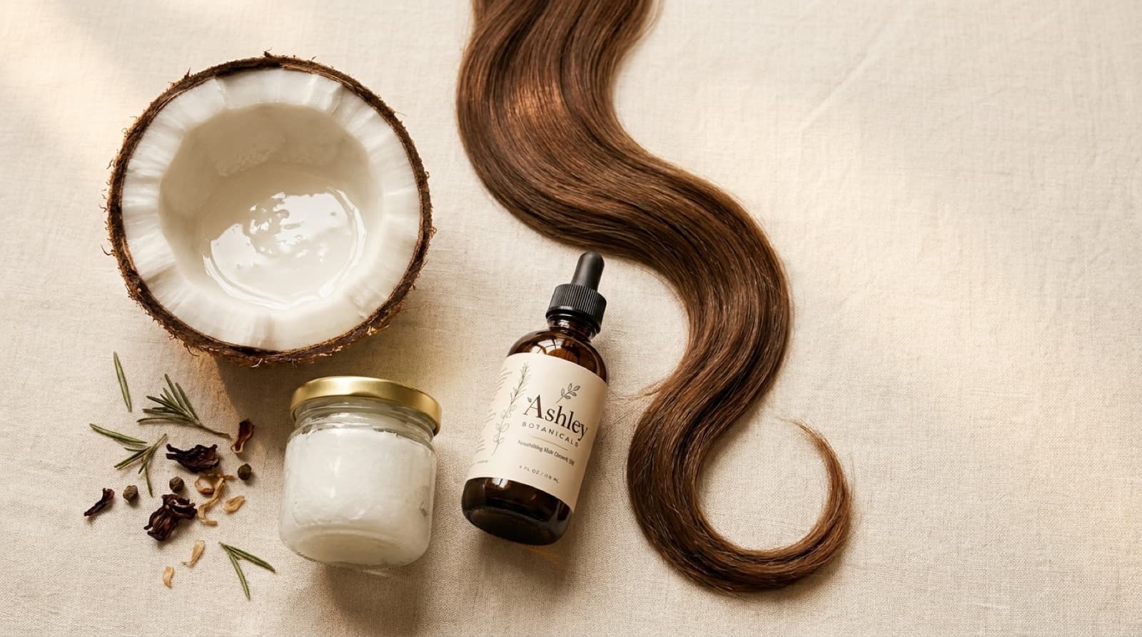 Coconut oil for hair growth — halved coconut, a jar of coconut oil and a healthy hair strand on cream linen