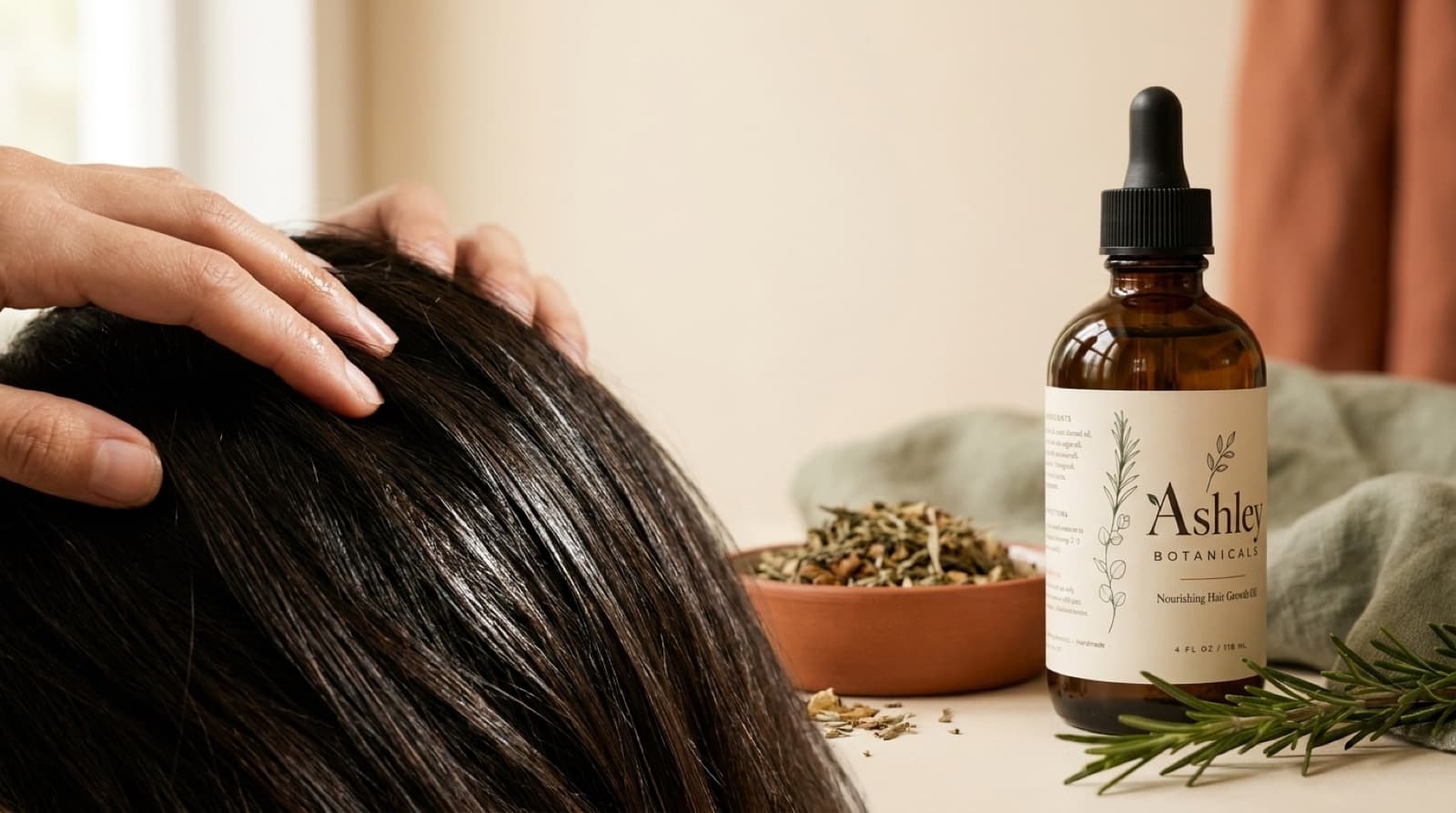 Scalp massage for hair growth — fingertips massaging botanical hair oil into the scalp beside an Ashley Botanicals bottle