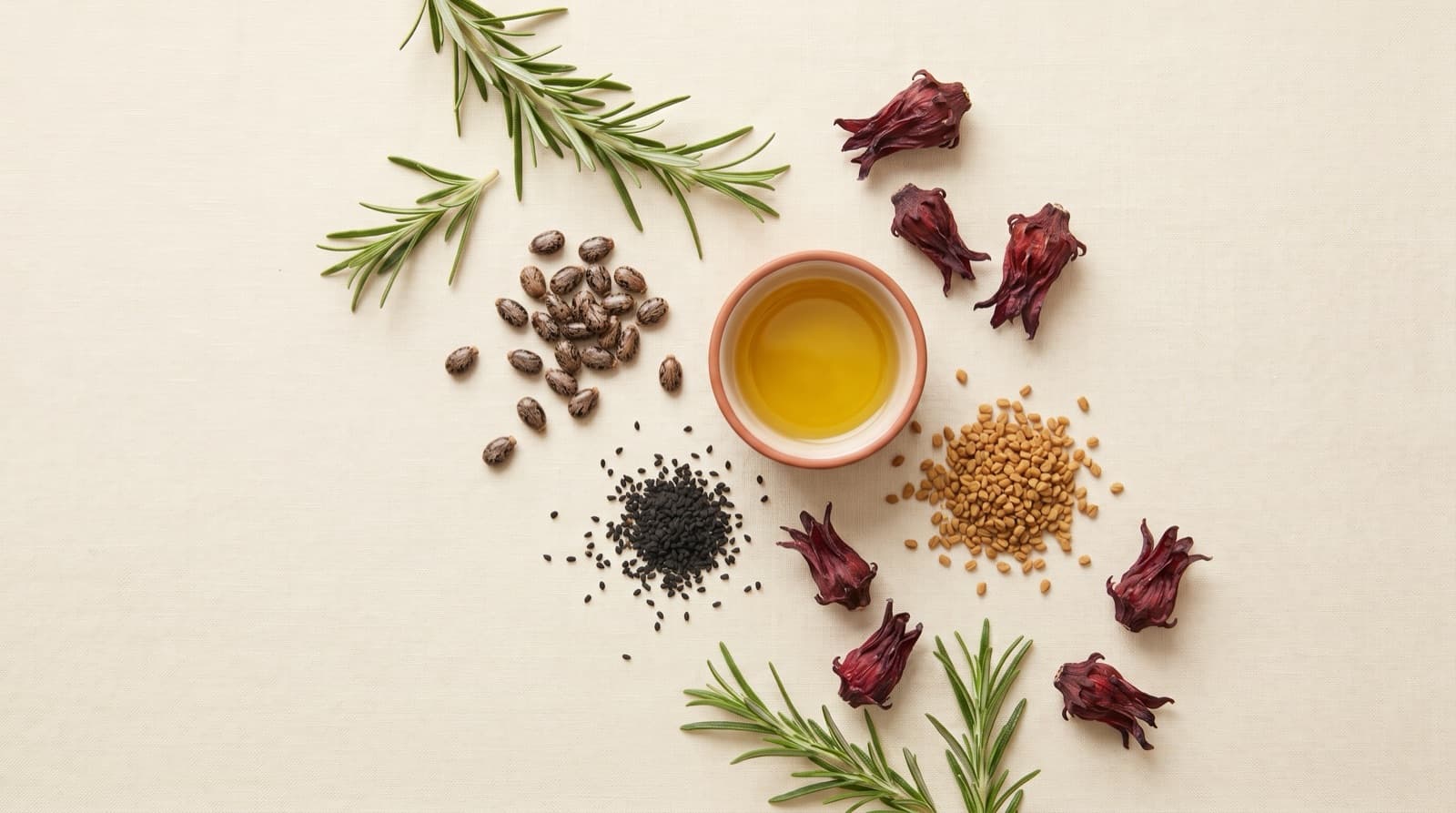 Rosemary hair growth oil ingredients flat-lay: rosemary, castor seeds, black seed, fenugreek, argan and hibiscus botanicals