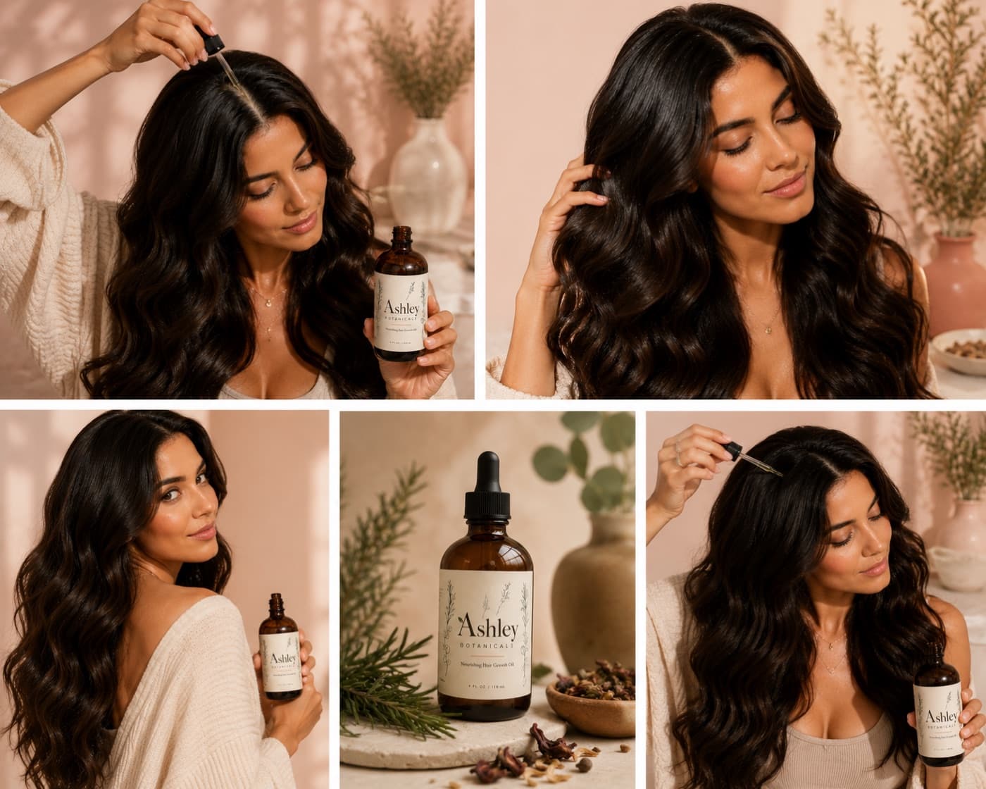 The 90-day rosemary hair oil ritual — customer applying hair growth oil and showing fuller, healthier-looking hair